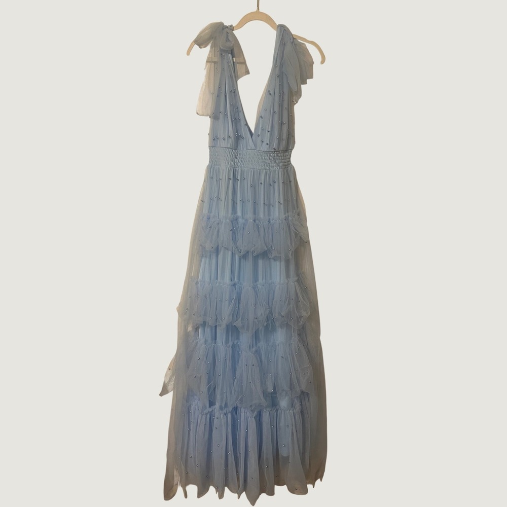 Nova Luxe Light Blue Tulle Pearl Tiered Maxi Dress Bow Shoulder Medium